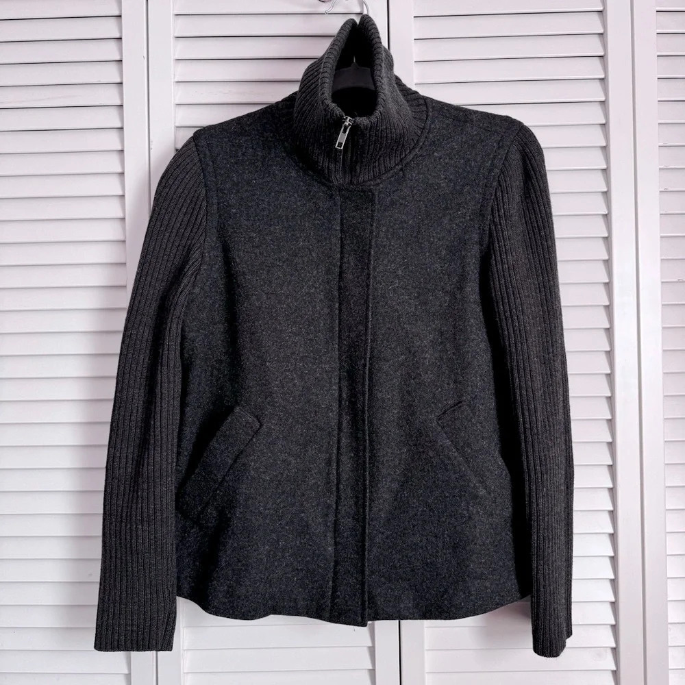 Eileen Fisher Women’s Wool Charcoal Jacket Sweater Ribbed Sleeves Size Small
